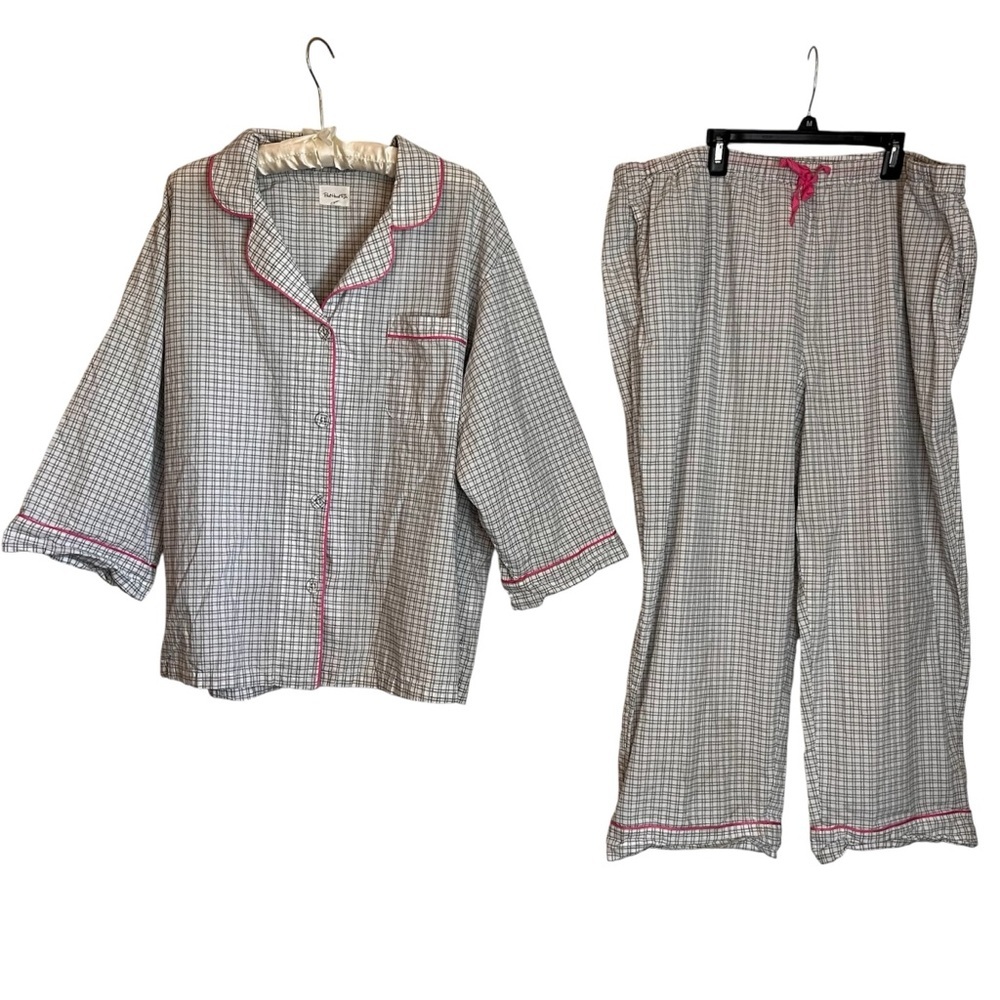 Bed Head Pajama Set 2pc Womens Sz 2X Plus Organic Cotton Plaid Button Pink Gray